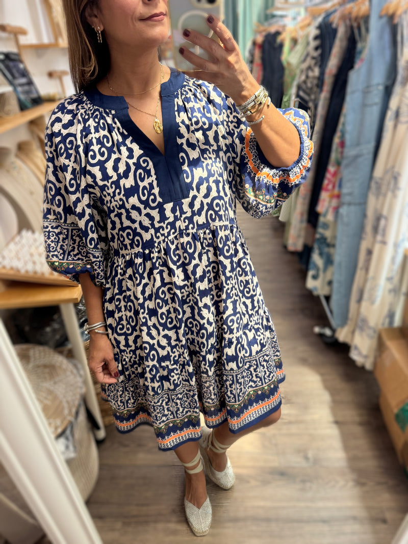 PRE-ORDER Blue Print V-Neck Dress