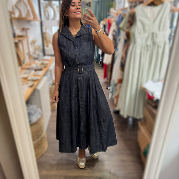 Dark Denim Belted Dress