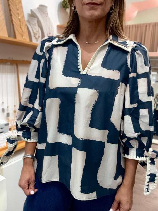 Blue Print Sleeves Detail Top