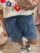 Denim Scalloped Hem Shorts