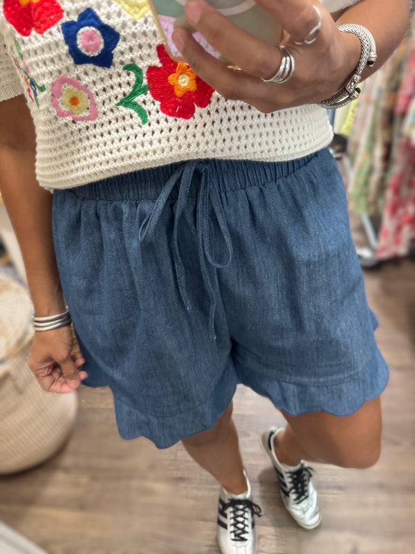 Denim Scalloped Hem Shorts