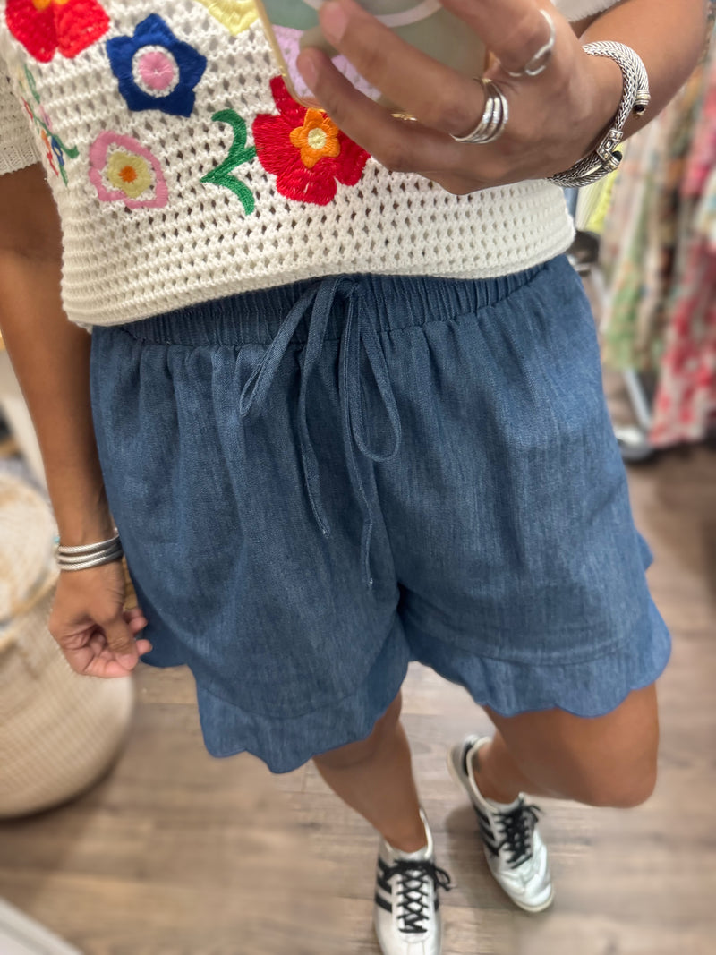 Denim Scalloped Hem Shorts