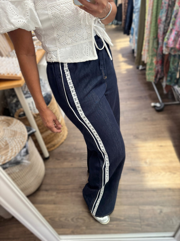 Lace Detail Dark Denim Drawstring Pant