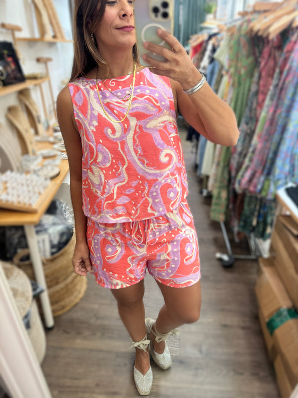 Coral Mix Print Top & Shorts Set