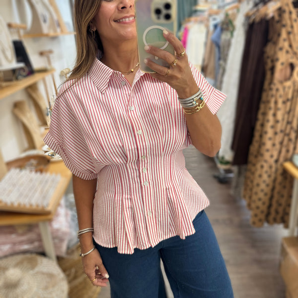 Red Stripes Cinched Waist Top