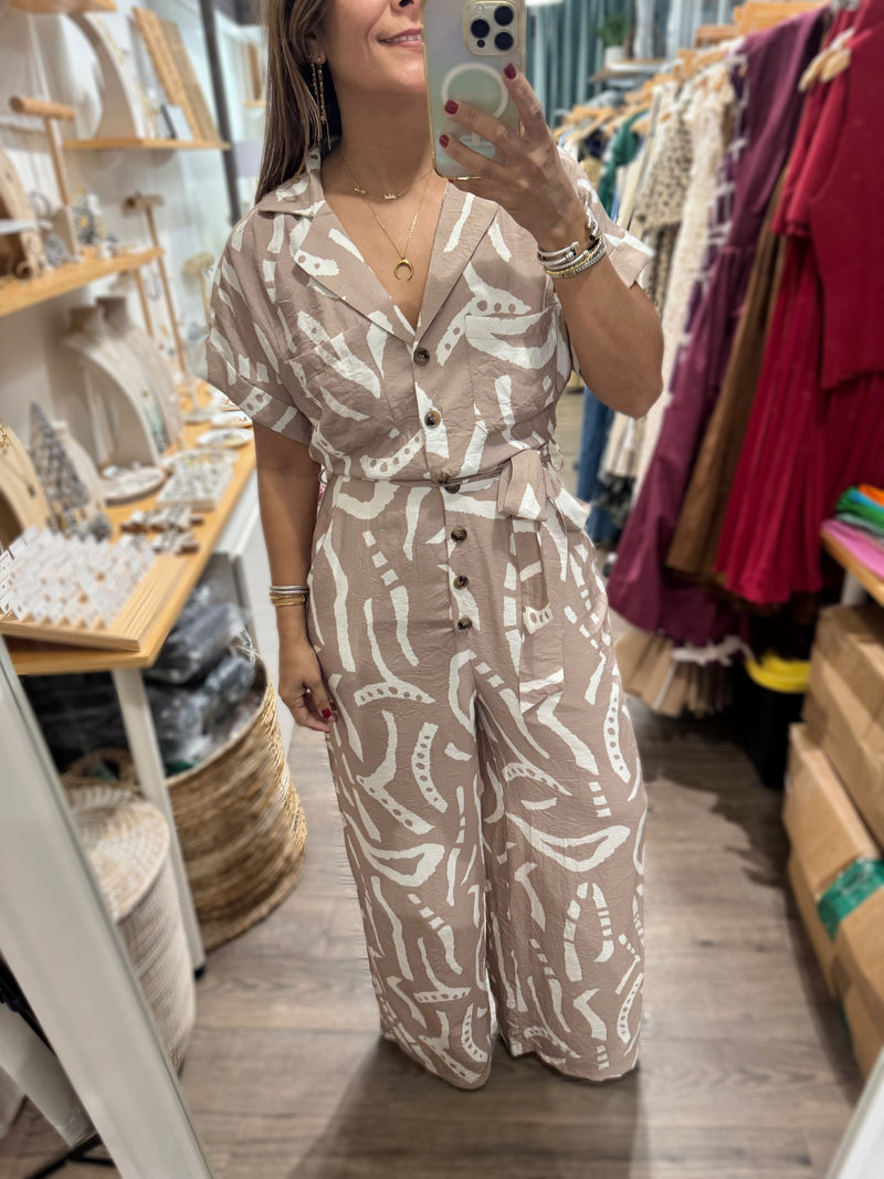 Taupe Print Collared Jumpsuit