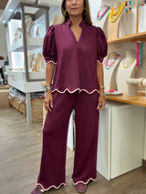 Merlot Scalloped Hem Top & Pants Set