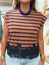 Brown & Navy Lace Hem Detail Top