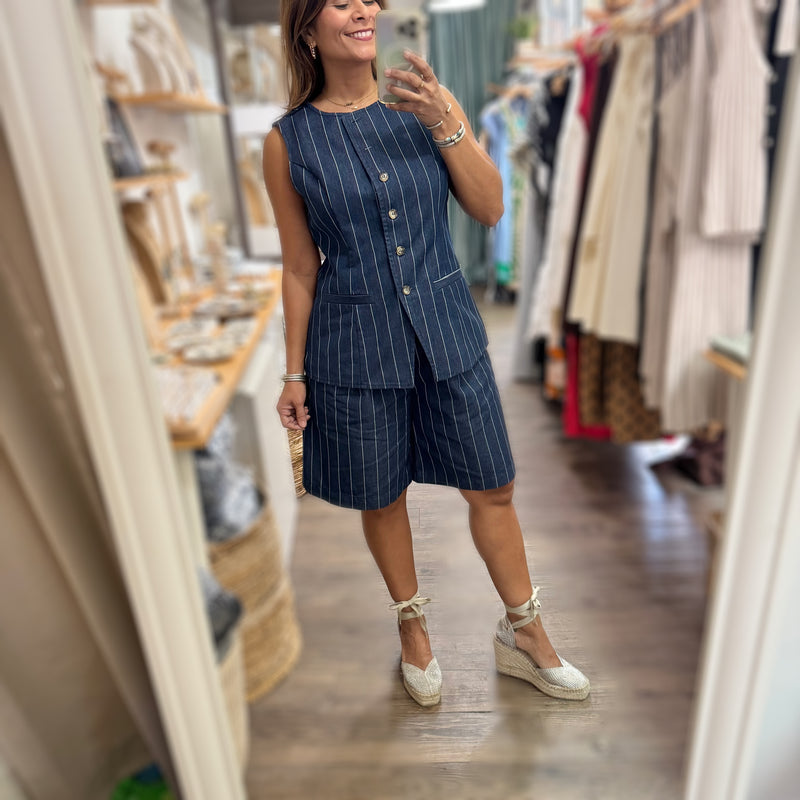 Indigo Denim Striped Top & Shorts Set