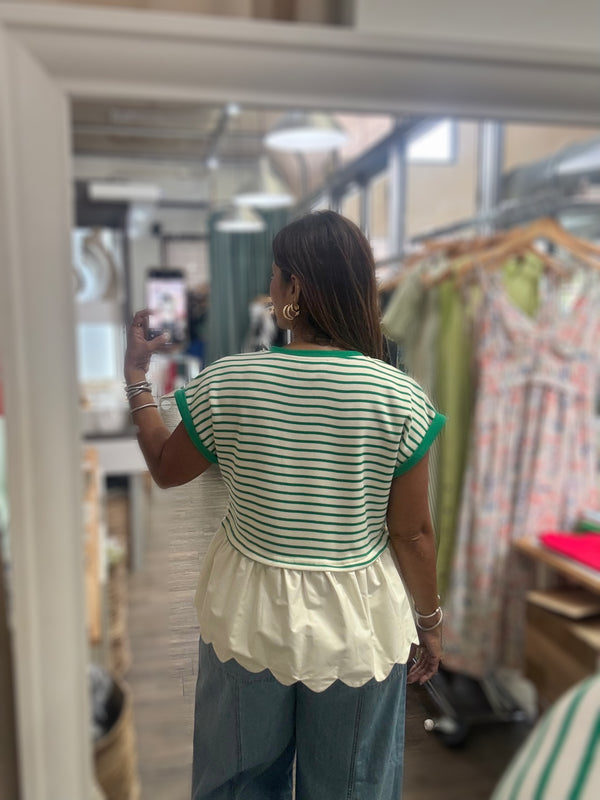 Green Stripes Scalloped Hem Top