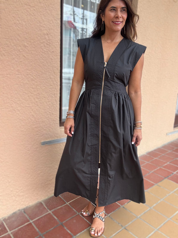 Black V-Neck Front Zipper Dress