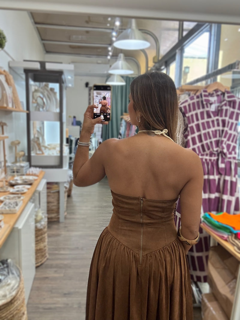 Caramel Faux Suede Strapless Dress