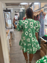 Green Floral Print Drop Waist Dress