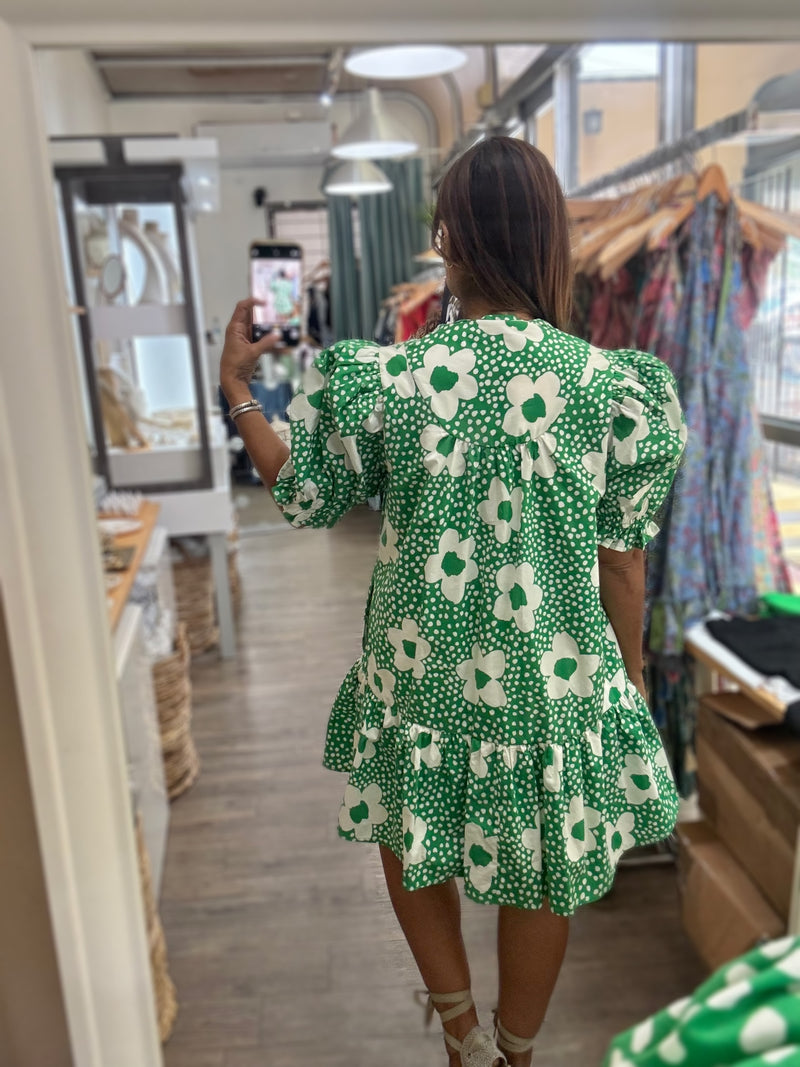 Green Floral Print Drop Waist Dress