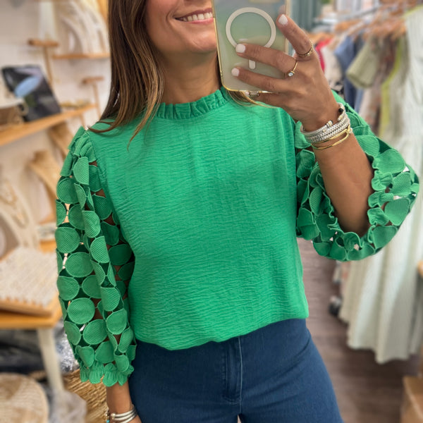 Green Lace Sleeves Top