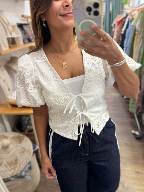 White Crochet Contrast Top