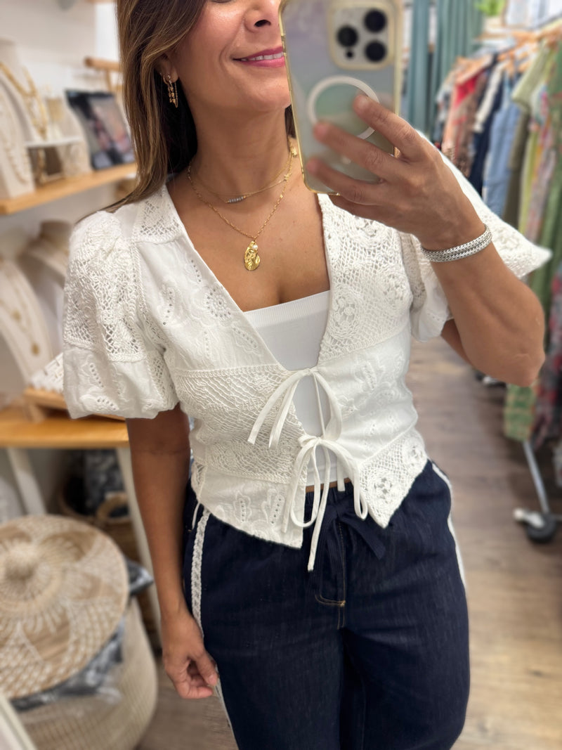White Crochet Contrast Top