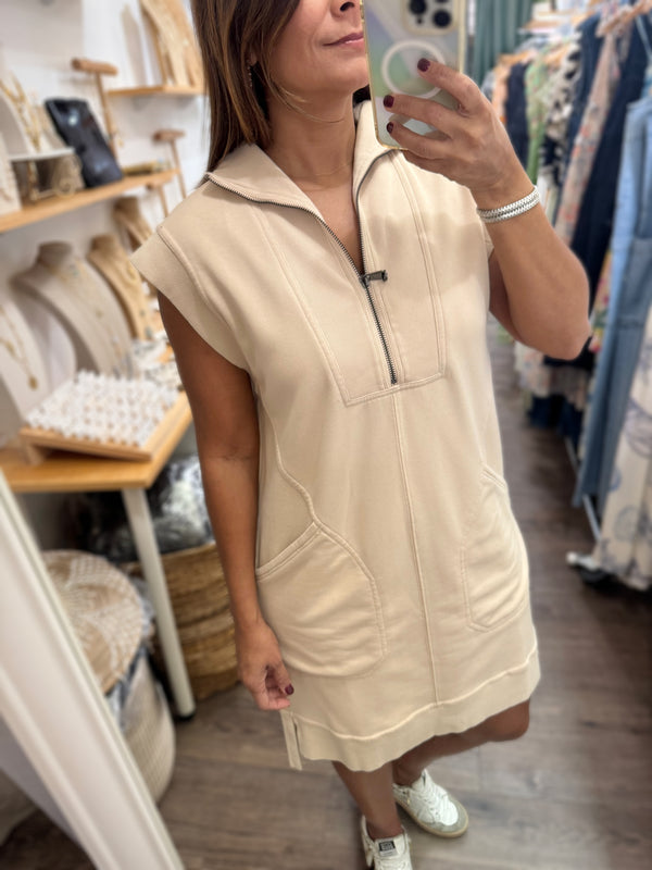 Beige Front Zipper Dress