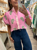 Pink & Green Embroidered Top