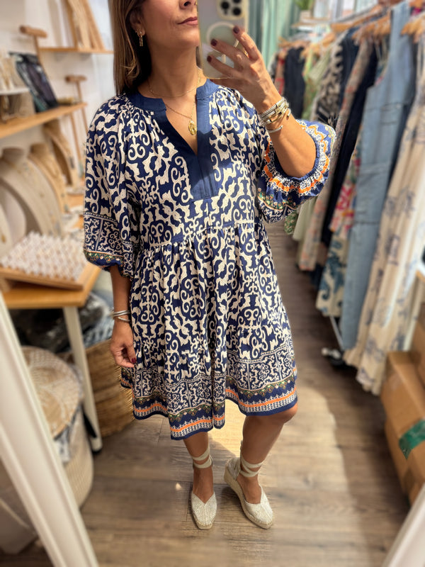 PRE-ORDER Blue Print V-Neck Dress