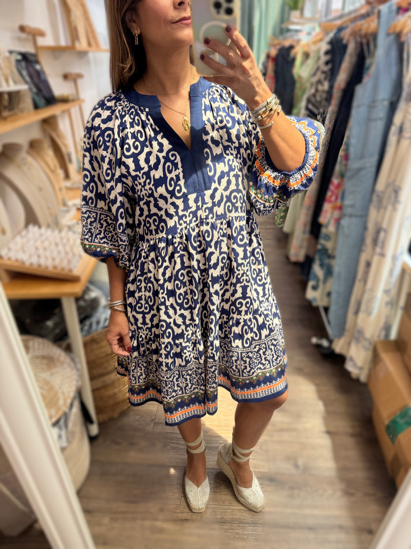PRE-ORDER Blue Print V-Neck Dress