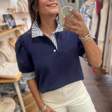 Navy & Blue Stripes Neck Top
