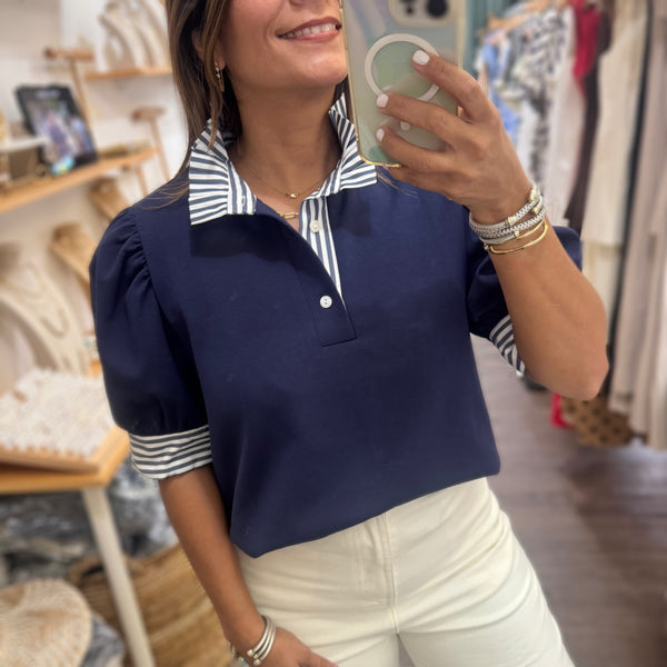 Navy & Blue Stripes Neck Top