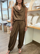 Brown/Black Tiny Dots Cowl Neck Top & Pants
