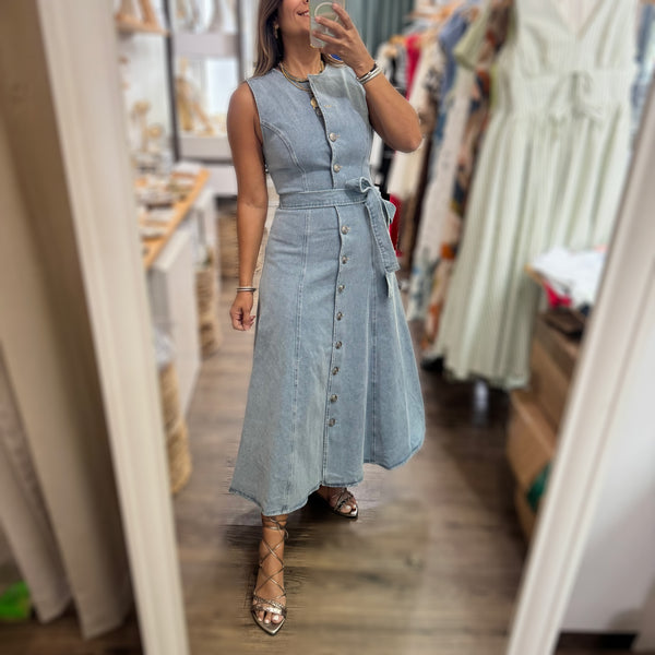 Light Denim Buttoned Down Midi Dress