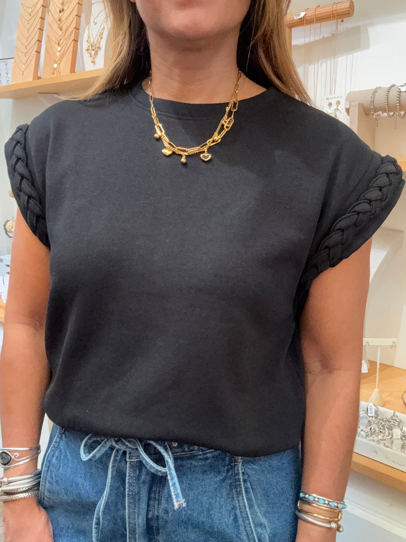 Black Braided Sleeve Detail Top