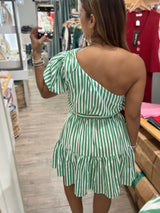 Green Stripes One Shoulder Dress
