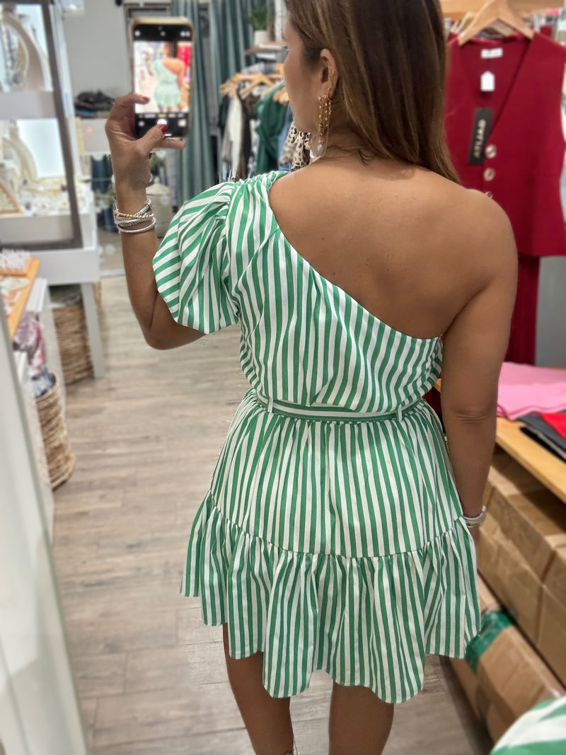Green Stripes One Shoulder Dress