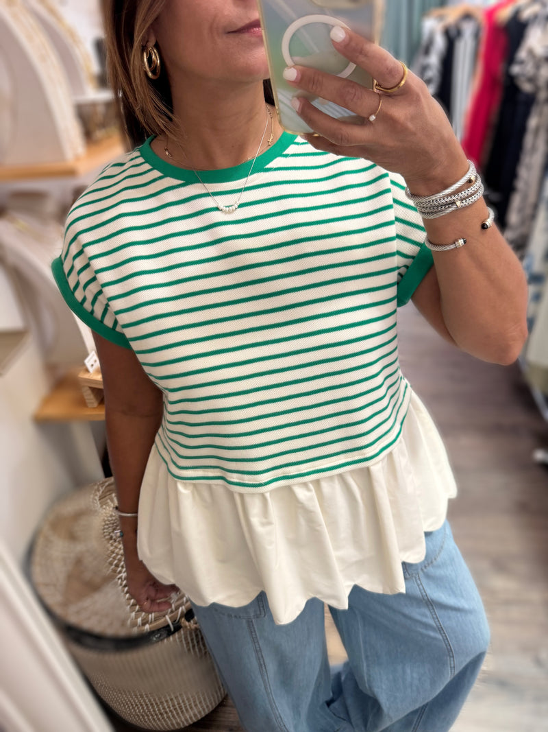 Green Stripes Scalloped Hem Top