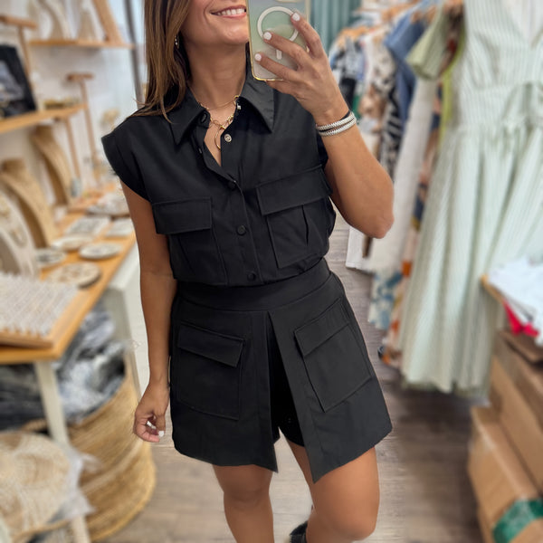 Black Front Pockets Top & Skort Set