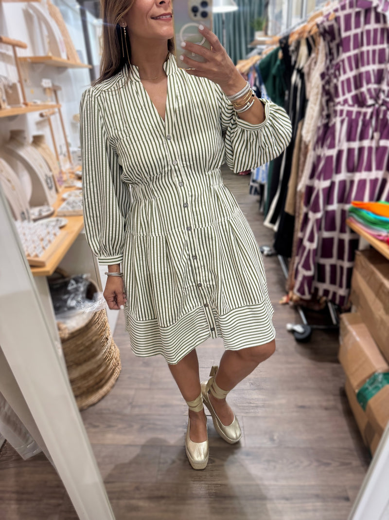 Green Stripes Cinched Waist Dress