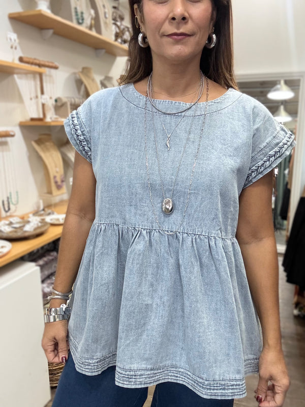 Light Denim Braid Detail Top