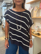 Navy & White Stripes Asymmetrical Top