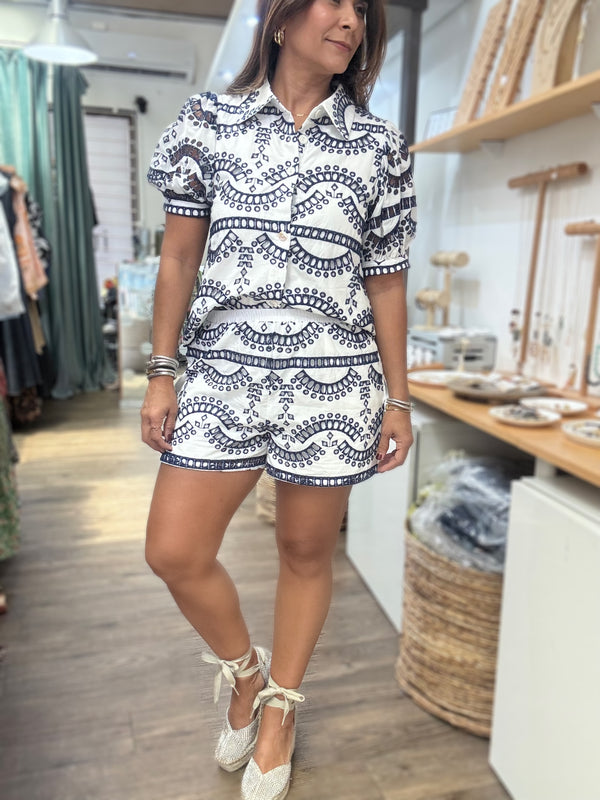 Navy Eyelet Top & Shorts Set