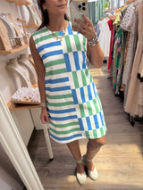 Blue & Green Geometric Print Dress