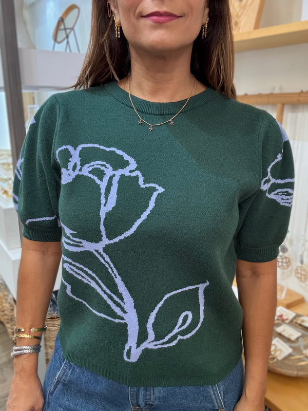 Hunter Green & Blue Flower Top