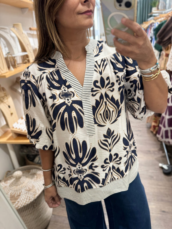 Navy Contrast Print Top