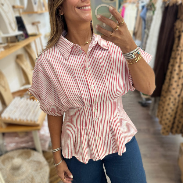 Red Stripes Cinched Waist Top