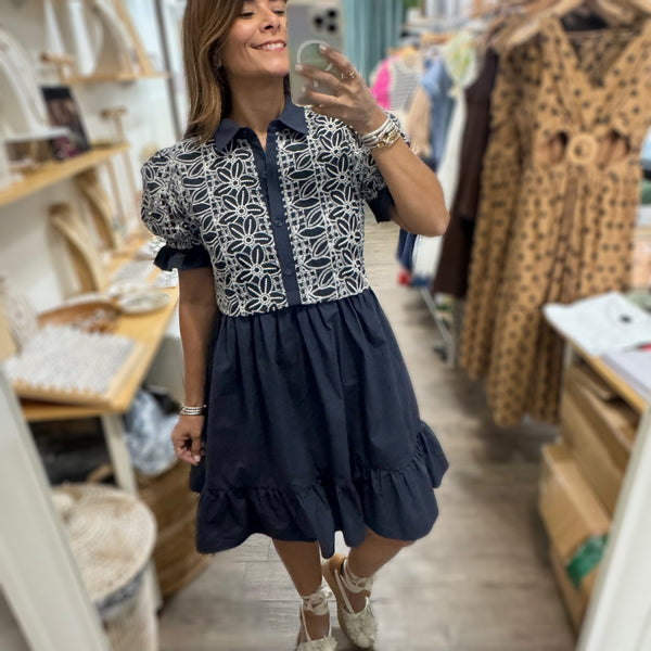 Navy Embroidered Detail Dress