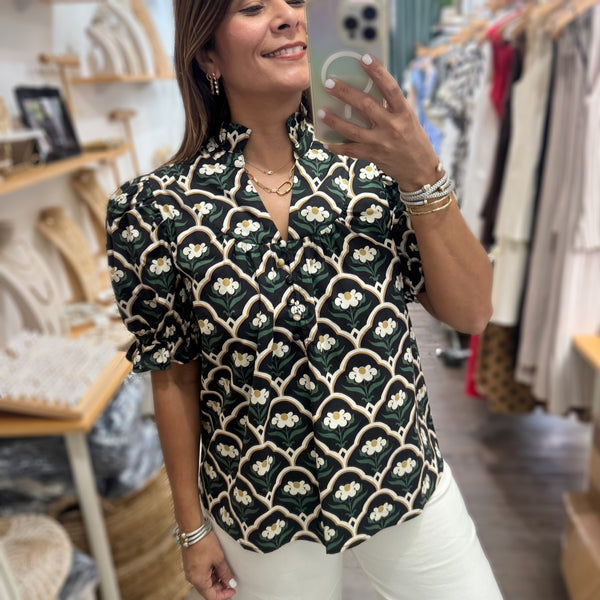 Black Print V-Neck Top