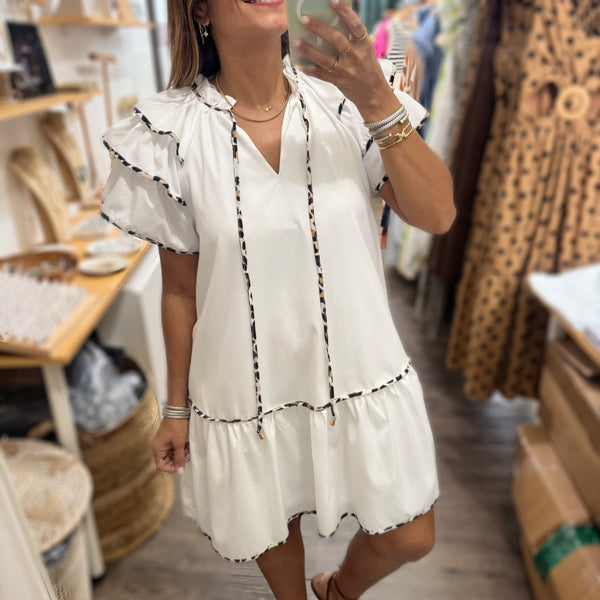 White Leopard Detail Drop Waist Dress