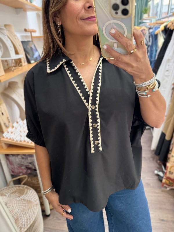 Black Embroidered Detail Collared Top