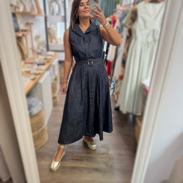 Dark Denim Belted Dress