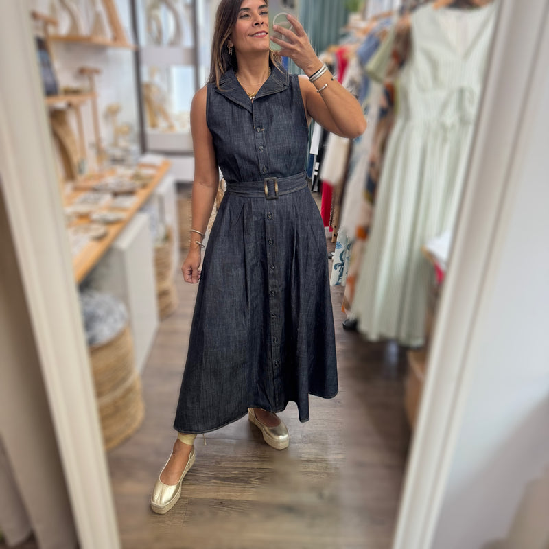 Dark Denim Belted Dress