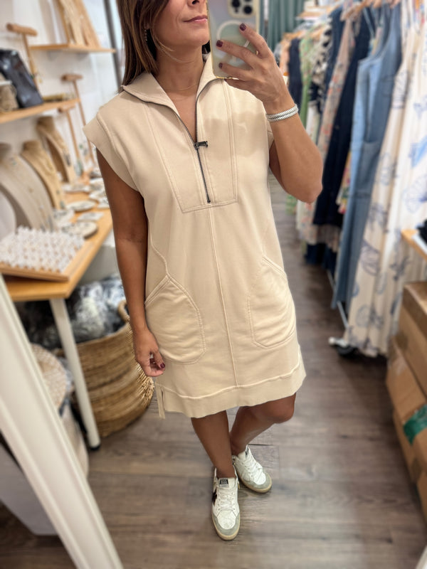 Beige Front Zipper Dress