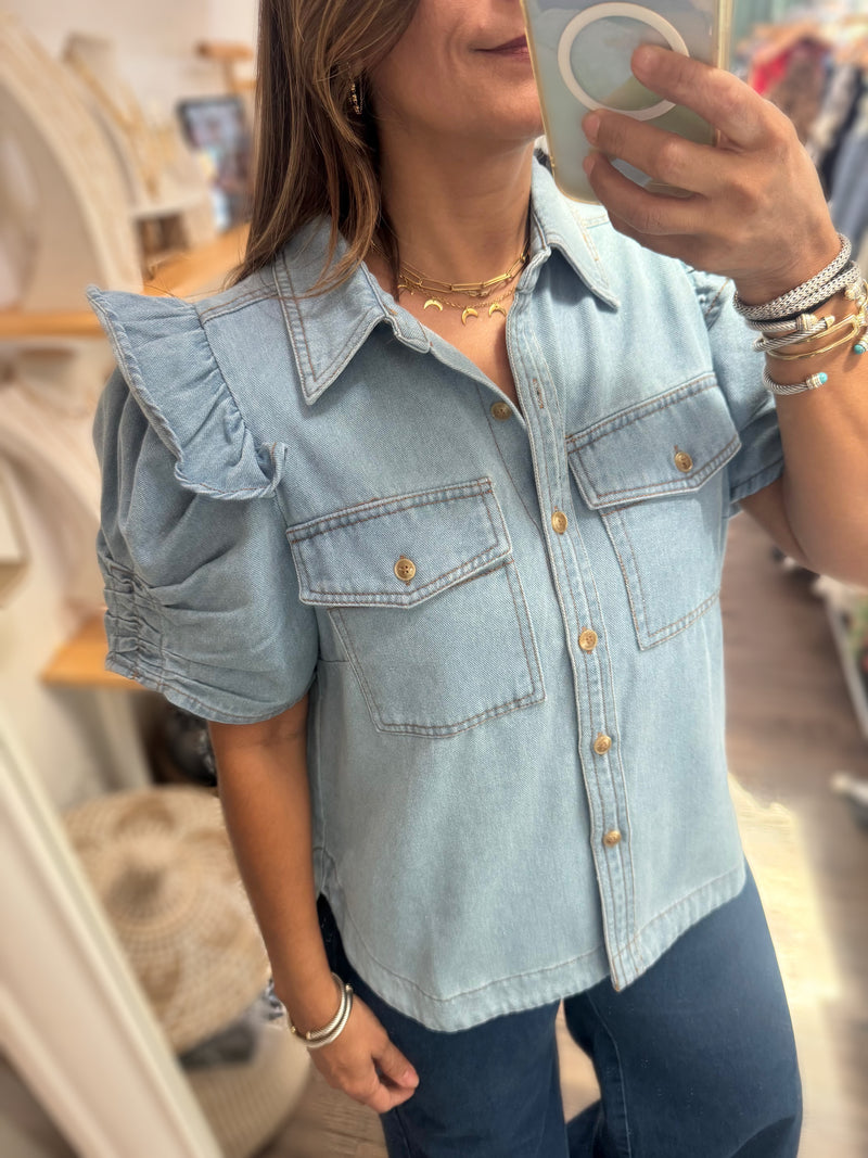 Denim Ruffled Sleeves Top
